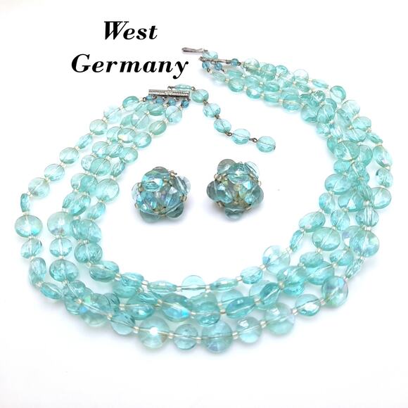 Vintage West Germany Aqua Lucite Bead Necklace Earrings Set, 1940s - Picture 1 of 13
